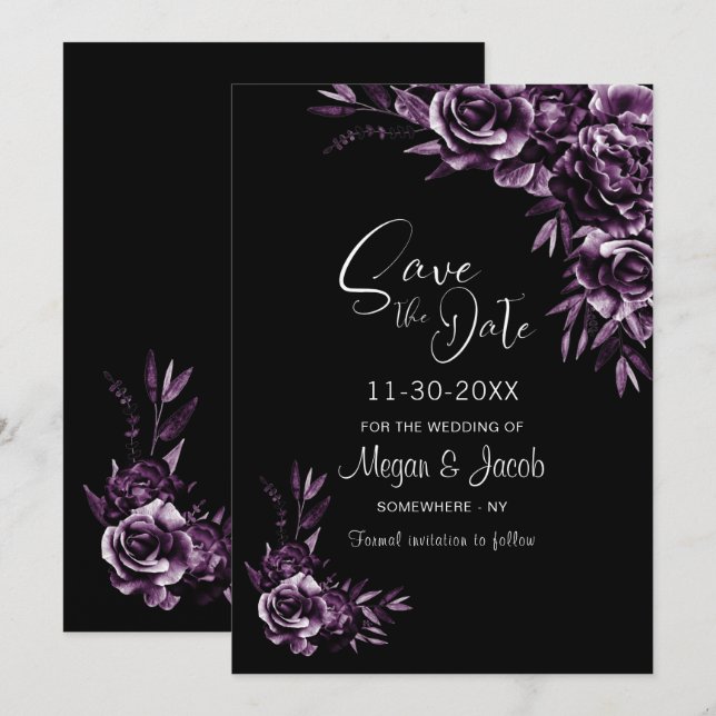 Moody Black and Purple Floral Wedding Save The Date (Front/Back)