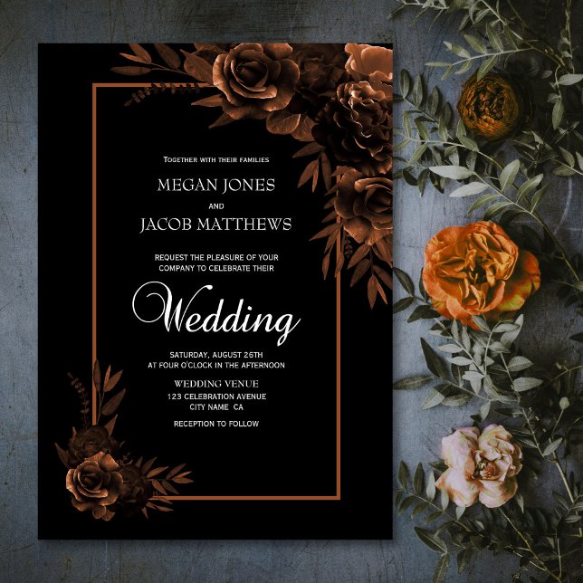 Moody Black and Sepia Floral Wedding Invitation (Creator Uploaded)