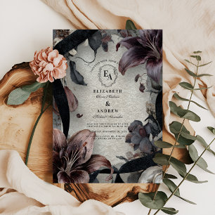 Moody Black and White Floral Wedding Design Invitation