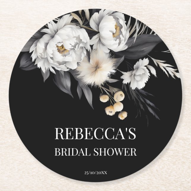 Moody black boho bridal shower favours round paper coaster (Front)