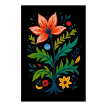 Moody Black Boho Floral Tree Folk Art