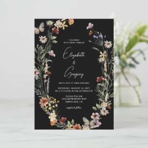Moody Black Boho Wildflower Wedding Invitation