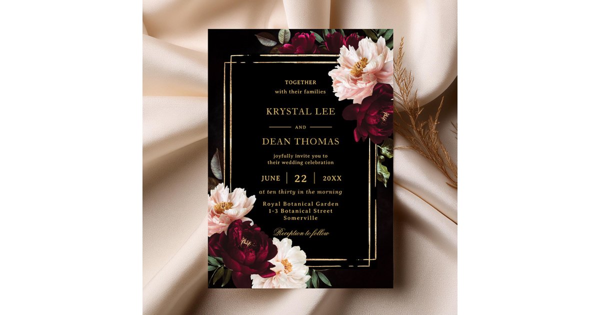 Moody Black Burgundy Blush Floral Peonies Wedding Invitation | Zazzle