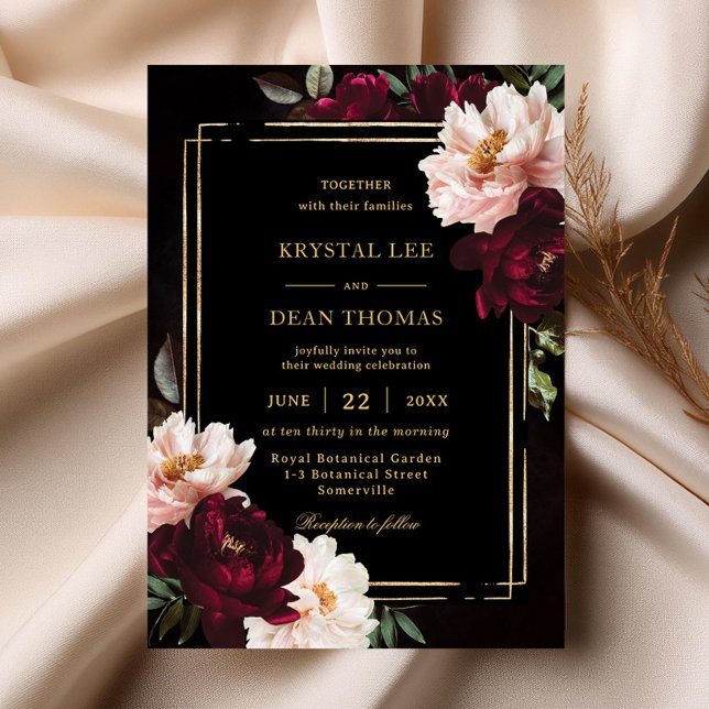 Moody Black Burgundy Blush Floral Peonies Wedding Invitation (Creator Uploaded)