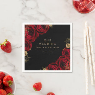 Moody Black Burgundy Roses Wedding Napkin