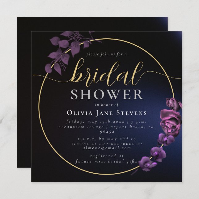 Moody Black Dark Purple Floral Frame Bridal Shower Invitation (Front/Back)