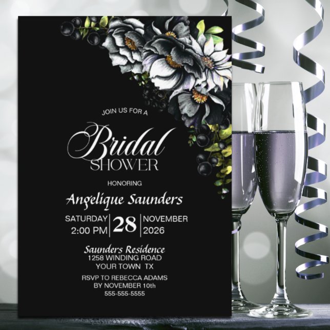 Moody Black Floral Bridal Shower Invitation (Creator Uploaded)