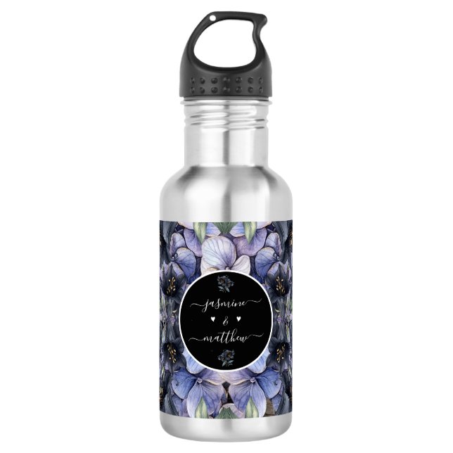 Moody Black Floral Classic Couple Names Wedding 532 Ml Water Bottle (Front)
