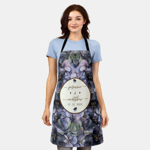 Moody Black Floral Classic Couple Names Wedding Apron