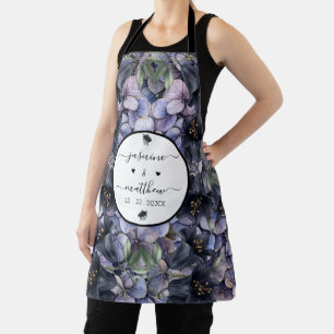Moody Black Floral Classic Couple Names Wedding Apron