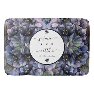 Moody Black Floral Classic Couple Names Wedding Bath Mat