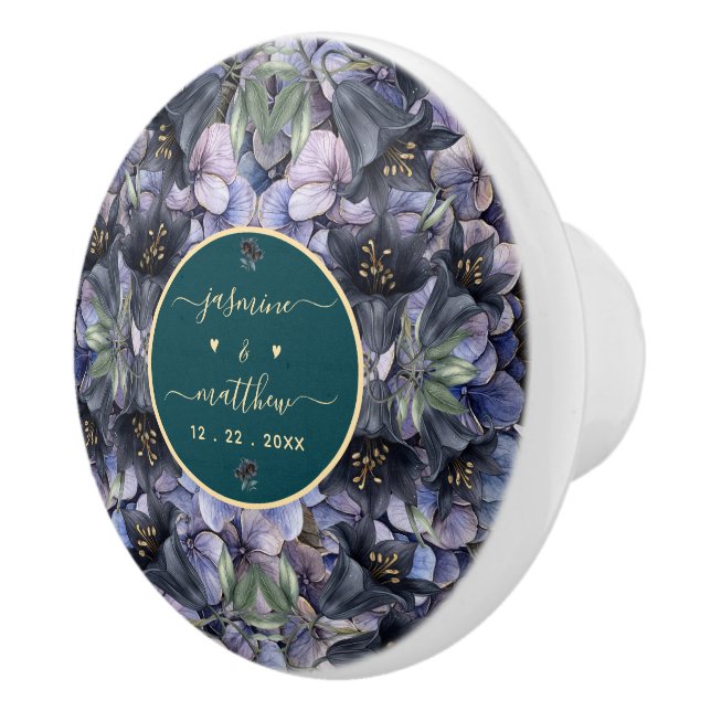 Moody Black Floral Classic Couple Names Wedding Ceramic Knob (Right)