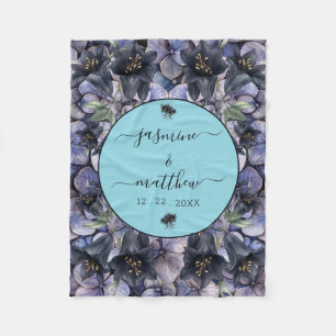 Moody Black Floral Classic Couple Names Wedding Fleece Blanket