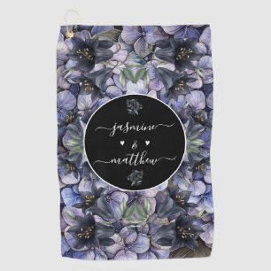 Moody Black Floral Classic Couple Names Wedding Golf Towel