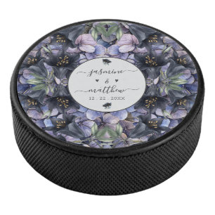 Moody Black Floral Classic Couple Names Wedding Hockey Puck