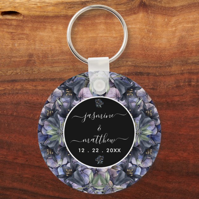 Moody Black Floral Classic Couple Names Wedding Key Ring (Front)