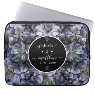 Moody Black Floral Classic Couple Names Wedding Laptop Sleeve