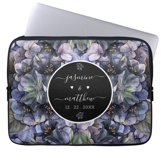 Moody Black Floral Classic Couple Names Wedding Laptop Sleeve (Front)
