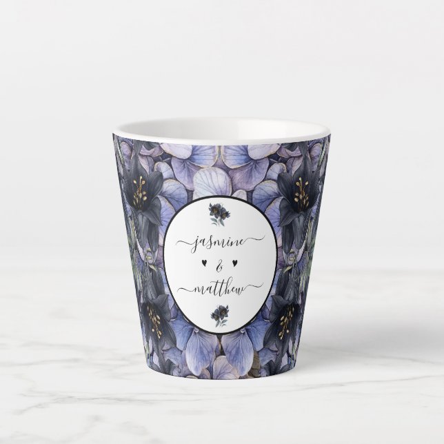 Moody Black Floral Classic Couple Names Wedding Latte Mug (Front)