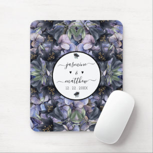 Moody Black Floral Classic Couple Names Wedding Mouse Mat