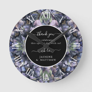 Moody Black Floral Classic Couple Names Wedding Round Clock
