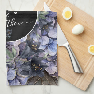 Moody Black Floral Classic Couple Names Wedding Tea Towel