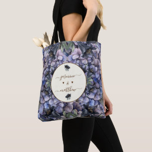 Moody Black Floral Classic Couple Names Wedding Tote Bag