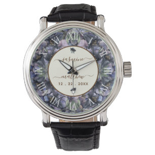 Moody Black Floral Classic Couple Names Wedding Watch