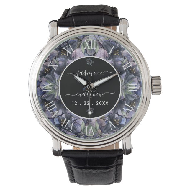 Moody Black Floral Classic Couple Names Wedding Watch (Front)