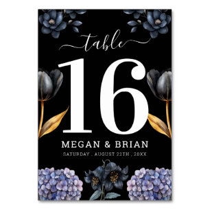 Moody Black Floral Classic Script Floral Wedding Table Number