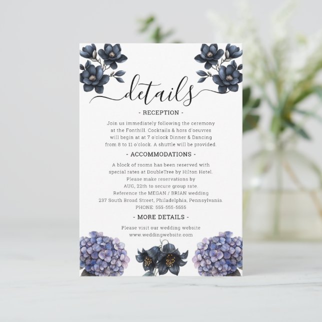 Moody Black Floral Classic Script Wedding Details Enclosure Card (Standing Front)