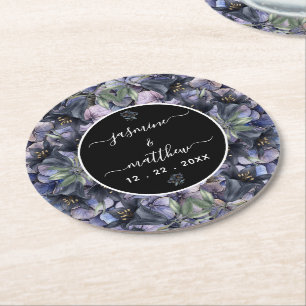Moody Black Floral Classic Thank You Chic Wedding Round Paper Coaster