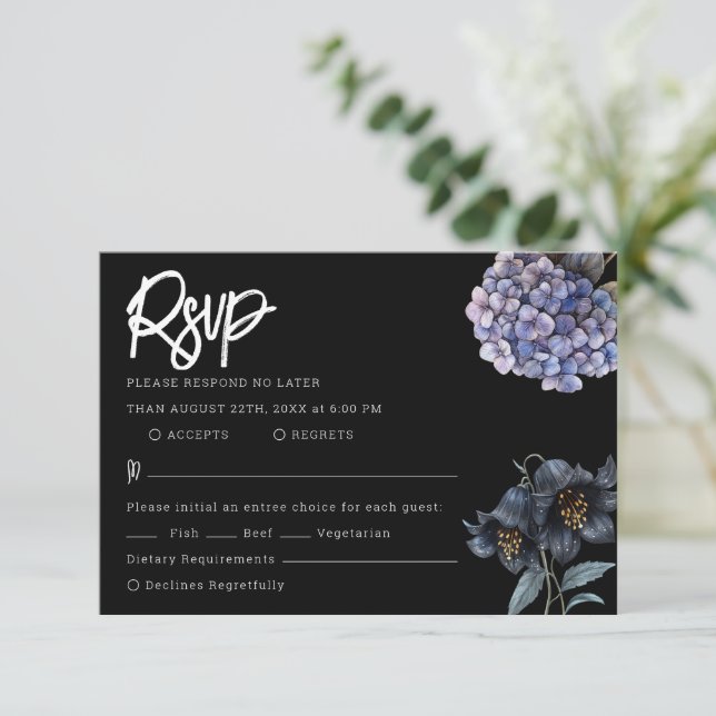 Moody Black Floral Classic Typography Wedding Rsvp Card (Standing Front)