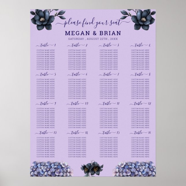 Moody Black Floral Classic Wedding Seating Chart (Front)