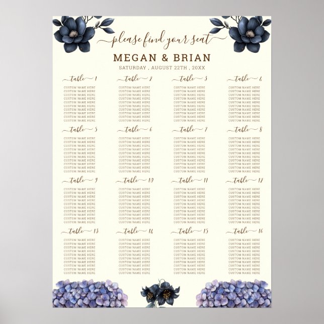Moody Black Floral Classic Wedding Seating Chart (Front)