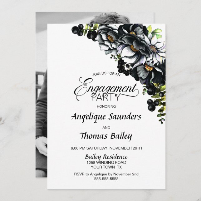 Moody Black Floral Custom Photo Engagement Party Invitation (Front/Back)