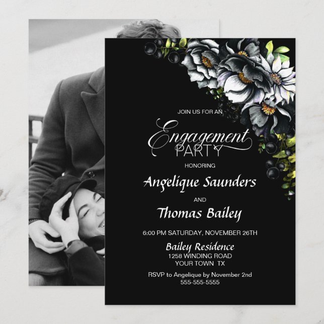 Moody Black Floral Custom Photo Engagement Party Invitation (Front/Back)