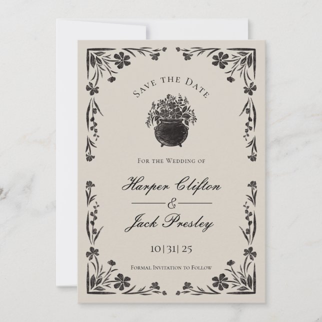 Moody Black Floral Gothic Wedding Save The Date Invitation (Front)