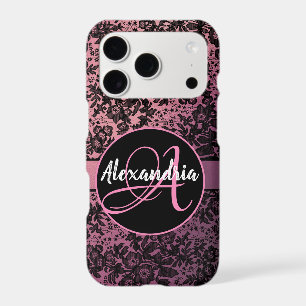 Moody Black Floral on Pink Monogram