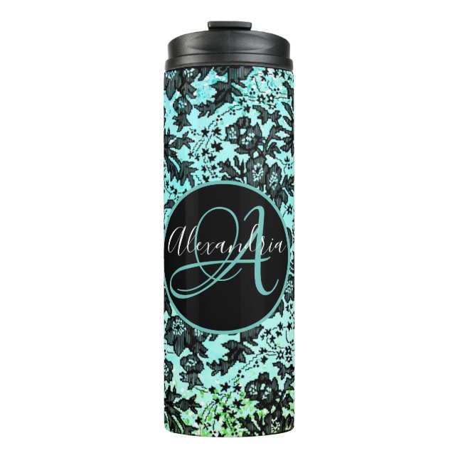 Moody Black Floral on Pink Monogram   Thermal Tumbler (Front)