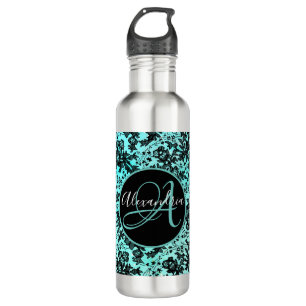 Moody Black Floral on Turquoise Monogram  710 Ml Water Bottle
