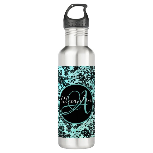 Moody Black Floral on Turquoise Monogram  710 Ml Water Bottle (Front)