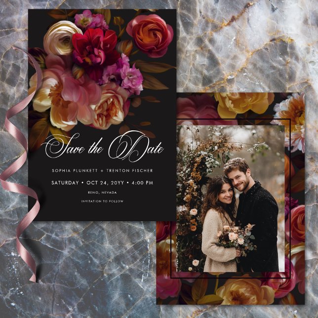 Moody Black Floral Painterly Red Burgundy Photo Save The Date (Moody Black Floral Painterly Red Burgundy Photo Save The Date)