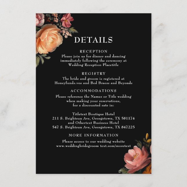 Moody Black Floral Wedding Details Enclosure Card (Front)