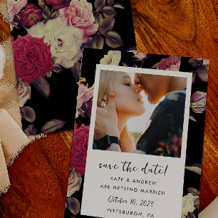 Moody Black Floral Wedding Photo Save the Date