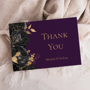 Moody Black Gold Floral Purple Wedding Thank You Card