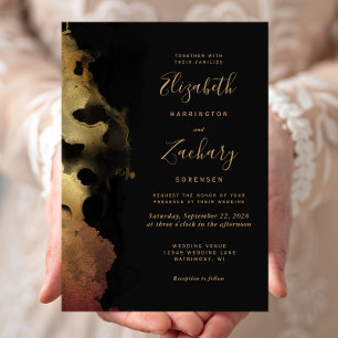 Moody Black Gold Ink Border Wedding Invitation