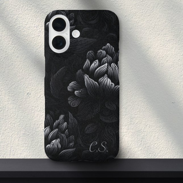 Moody Black Peony Monogram Girly Goth Floral  Case-Mate iPhone Case (Creator Uploaded)