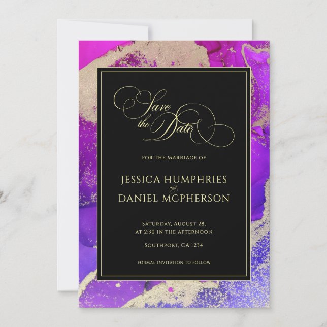 Moody Black Pink Gold Purple Abstract Wedding Save The Date (Front)