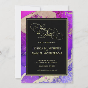 Moody Black Pink Gold Purple Abstract Wedding Save The Date